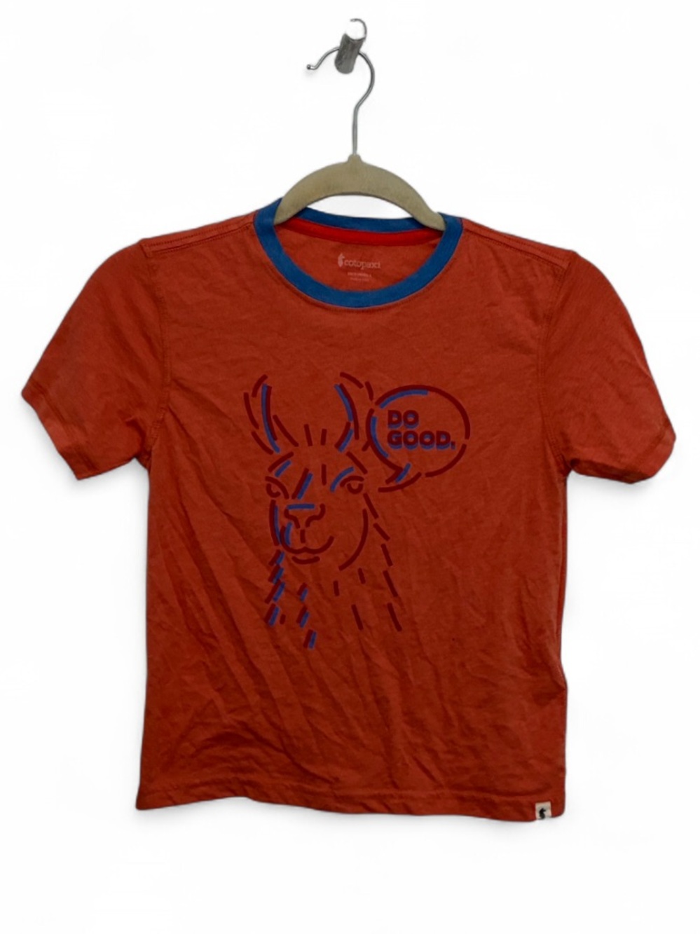 cotopaxi Orange Tee with Blue Trim and Llama Graphic